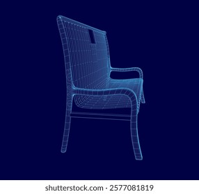 Chair is shown in a blue color. The chair is made of wood and has a backrest. The chair is shown in a 3D format, which gives it a more realistic appearance