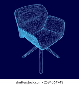 A chair is shown in a blue color with a very detailed and textured appearance. The chair is made of wood and has a unique design. The chair is placed on a blue background