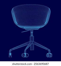 Chair is shown in a blue and white color scheme. The chair is designed to be a modern, sleek piece of furniture. The chair is made of wood and has four wheels