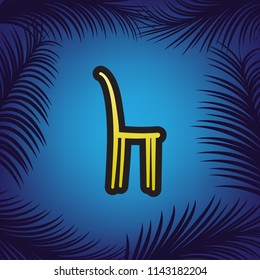 Chair sign illustration. Vector. Golden icon with black contour at blue background with branches of palm trees.