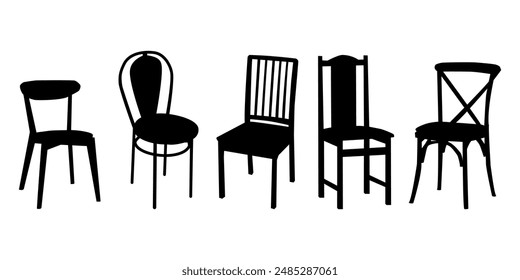 Siluetas de la silla sobre fondo blanco. Diferente colección de taburetes, varios grupos de asientos. Sillas de oficina, de trabajo o de salón. Muebles expo, tienda, mercado en línea de la tienda de póster o Anuncio. Vector