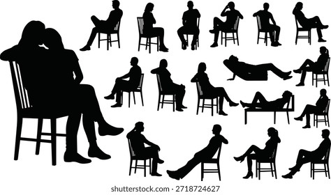 Ilustración vectorial de la silueta de la postura de la silla, iconos del lenguaje del cuerpo humano, diseño negro para la ergonomía, la interacción, el estilo de vida, y la referencia artística creativa