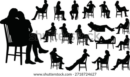 Chair sitting posture silhouette vector illustration, human body language icons, black design for ergonomics, interaction, lifestyle, and creative artistic reference