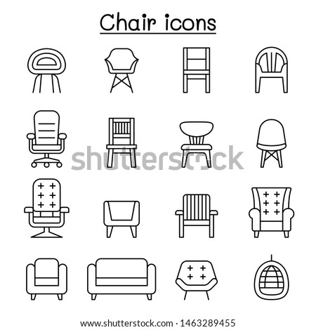 Chair and Sofa of front view icon set in thin line style