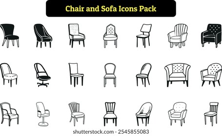 Paquete de iconos de silla y sofá, diseño de silueta