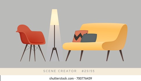 Chair, sofa, lamp. Isolated vector objects. Scene creator set.