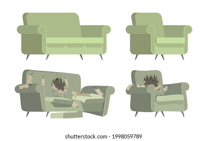 Chair and sofa, new and old. Whole and destroyed upholstered furniture. Vector, flat style.