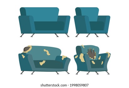 Chair and sofa, new and old. Whole and destroyed upholstered furniture. Vector, flat style.