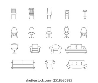 Stuhl und Sofa Zeichen schwarz dünne Linie Icon Set Home Möbel Innenausstattung Konzept . Vektorgrafik von Symbolen