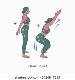 Chair Squat exercise, Woman workout fitness, aerobic and exercises.