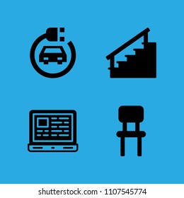 chair, stairs, electric car and laptop icons vector in sample icon set for web and graphic design