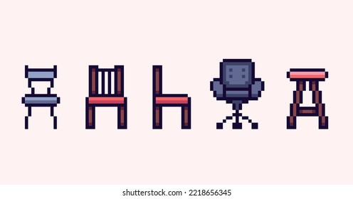 Chair, stool pixel art set. Dinning, cabinet furniture collection.  Interior room elements. 8 bit sprite. Game development, mobile app.  Isolated vector illustration.