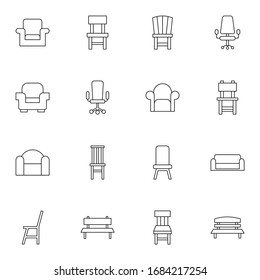 chair, stool, sofa icon set. Simple office chair, bench, seat thin line icon sign concept. vector illustration. 