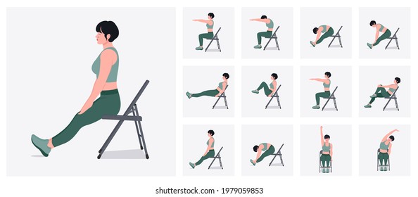 Chair stretching exercises set. woman doing fitness and yoga exercises with chair. 