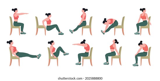 Chair Stretching Exercises Set Woman Doing Stock Vector (Royalty Free ...