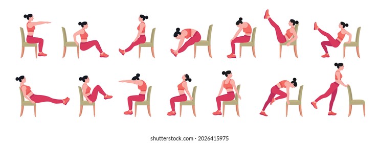 Chair stretching exercises set. woman doing fitness and yoga exercises with chair.	