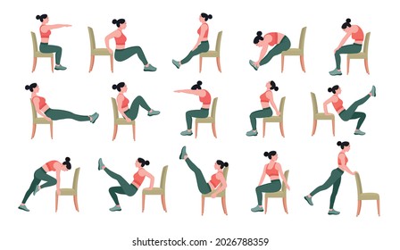 Chair stretching exercises set. woman doing fitness and yoga exercises with chair.	