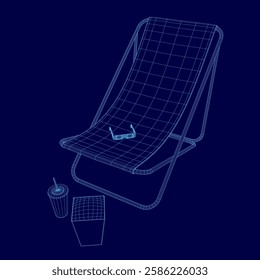 A chair with sunglasses on it is shown on a blue background. A cup and a straw are also present in the scene. The image conveys a relaxed and leisurely atmosphere, as the chair