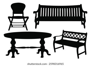 
Chair, table, bench silhouettes set isolated flat vector illustration on white background