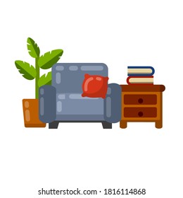 Chair, table with book and plants. Brown armchair. blue pillow. Soft seat. place to read and relax. Cartoon flat illustration. Furniture in a cozy room
