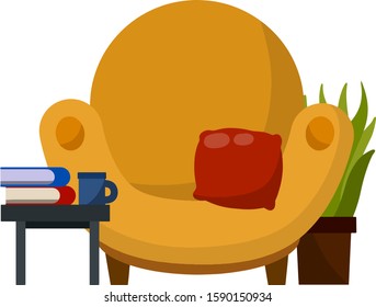 Chair, table with book and plants. Furniture in a cozy room. Brown armchair. Red pillow. Soft seat. place to read and relax. Cartoon flat illustration