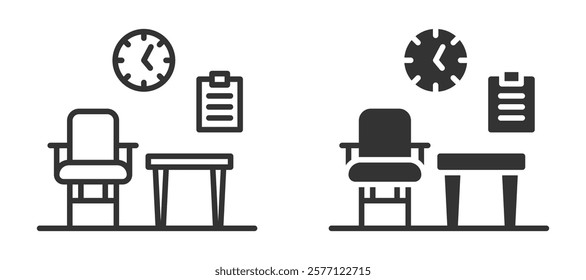 Chair, table, clipboard, and clock icons representing a waiting area.