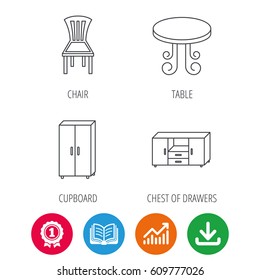 Chair, table and cupboard icons. Chest of drawers linear sign. Award medal, growth chart and opened book web icons. Download arrow. Vector