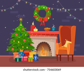 Chair and table with cus of tea or coffee, cookies and pillow. Christmas fireplace with gifts, socks  and candles. Flat cartoon style vector illustration.