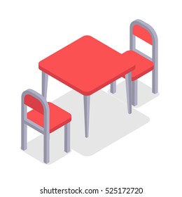 Chair and table isometric design. Dinner table chair isolated, isometric furniture, room interior, home furniture indoor and office desk vector illustration. Two red chairs and kitchen table