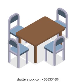 Chair and table isometric design. Dinner table chair isolated, isometric furniture, room interior, home furniture indoor and office desk vector illustration. Four modern chairs and kitchen table
