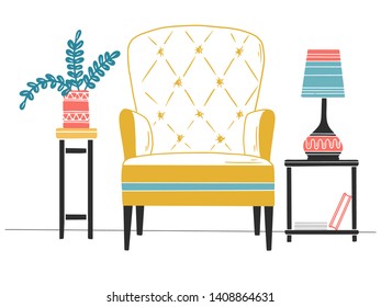 Chair, table with lamp. Hand drawn vector illustration of a sketch style