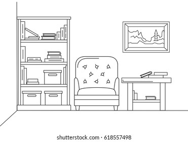 Chair, table, many of books, reading room. Vector illustration