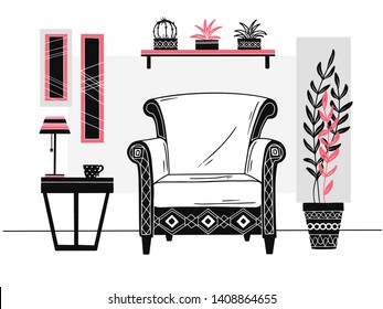 Chair, table with mug. Shelf with books and plants. Hand drawn vector illustration of a sketch style