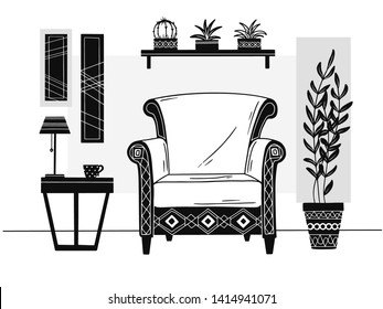 Chair, table with mug. Shelf with books and plants. Hand drawn vector illustration of a sketch style