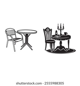 Chair with table silhouette black In white