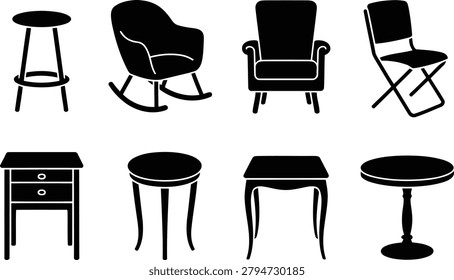 Chair table stool silhouette icon collection in simple black vector style