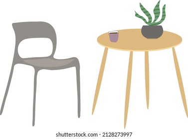 Silla y mesa con té o café y planta. Ilustración plana vectorial. Decoración de diseño, mesa redonda y sillón gris, elementos decorativos modernos.