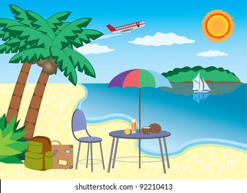 Chair and table under palm with coconut near seashore.