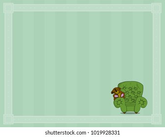 Chair with teddy bear on green striped background with blank copy space