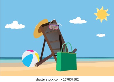 chair at tropical beach with hat 