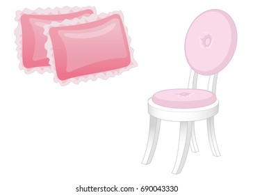 Chair and two pillows. Elegant furniture in tender pink colors isolated on white background. Vector