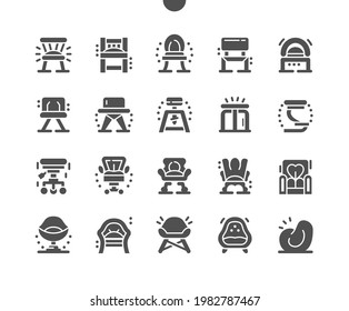 Tipos de presidente. puf, taburete, bar, silla de oficina, silla infantil, tumbona. Diferentes tipos de sillas. Cómodo, sentado, mobiliario, casa, interior. Iconos sólidos vectoriales. Pictograma simple