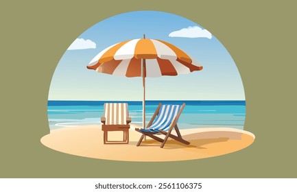 chair and umbrella at the beach illustration, travel and holiday concept