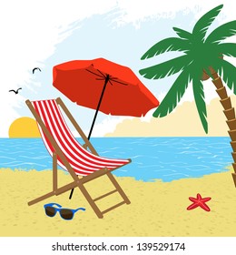 Chair and umbrella on the beach with palm tree, vector illustration