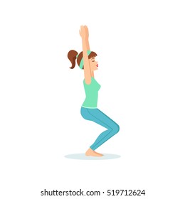 Chair Utkatasana Yoga Pose Demonstrated By The Girl Cartoon Yogi With Ponytail In Blue Sportive Clothing Vector Illustration