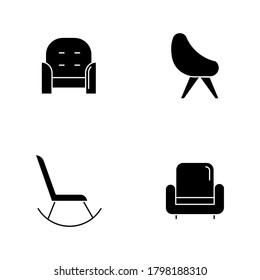 Chair variety black glyph icons set on white space. Comfortable armchair. Living room furnishing. House interior. Rocking chair to rest at home. Silhouette symbols. Vector isolated illustration