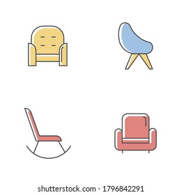 Chair variety RGB color icons set. Comfortable armchair. Living room furnishing. House interior. Furniture for household. Rocking chair to rest at home. Isolated vector illustrations
