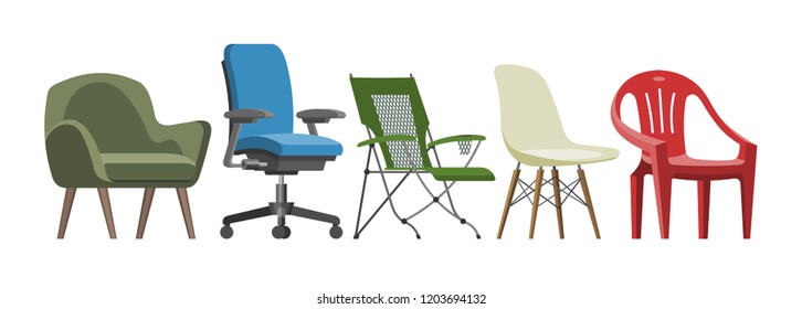 Chair vector comfortable furniture armchair and seat pouf design in furnished apartment interior illustration set of business office-chair or easy-chair isolated on white background