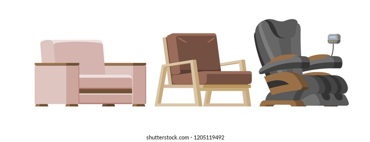 Chair vector comfortable furniture armchair and seat pouf design in furnished apartment interior illustration set of business office-chair or easy-chair isolated on white background