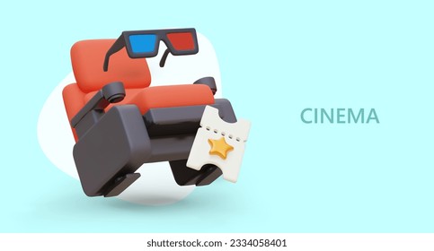 Chair for watching 3D movies. Comfortable seat with headrest and armrests. Realistic anaglyph glasses, gold star ticket. Advertising of cinema services